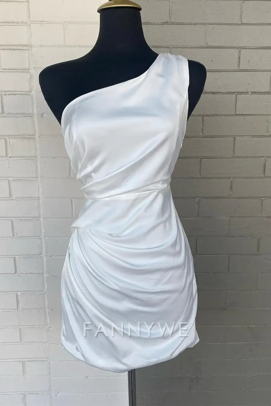 FannyWe Simple White One-Shoulder Ruched Short Homecoming Dress formal wear dresses